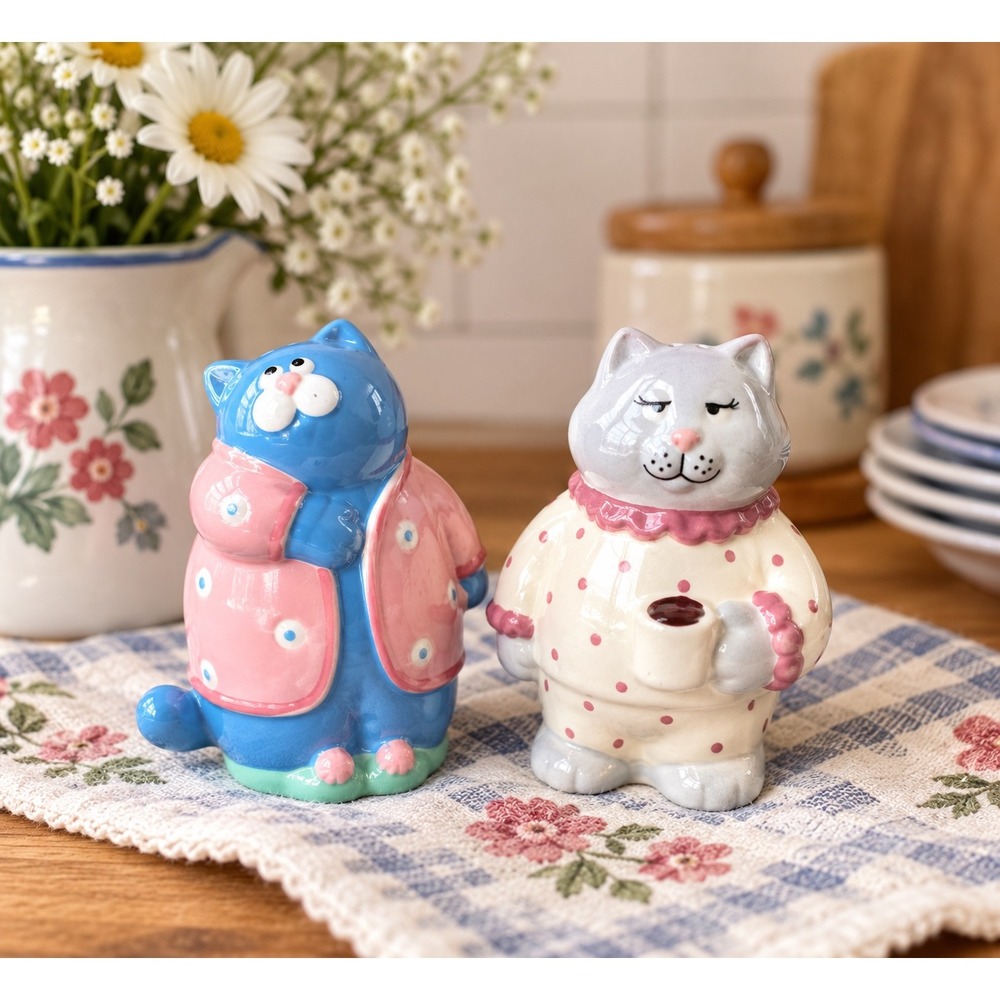 Vintage Cat Salt Pepper Shakers Mixed Pair Fitz & Floyd FF Blue Pink Kitsch
